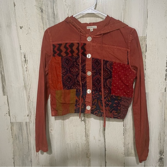 Earthbound Patchwork Embroidered Hooded Button Up Jacket Rust Boho Size M NWT - Picture 1 of 10